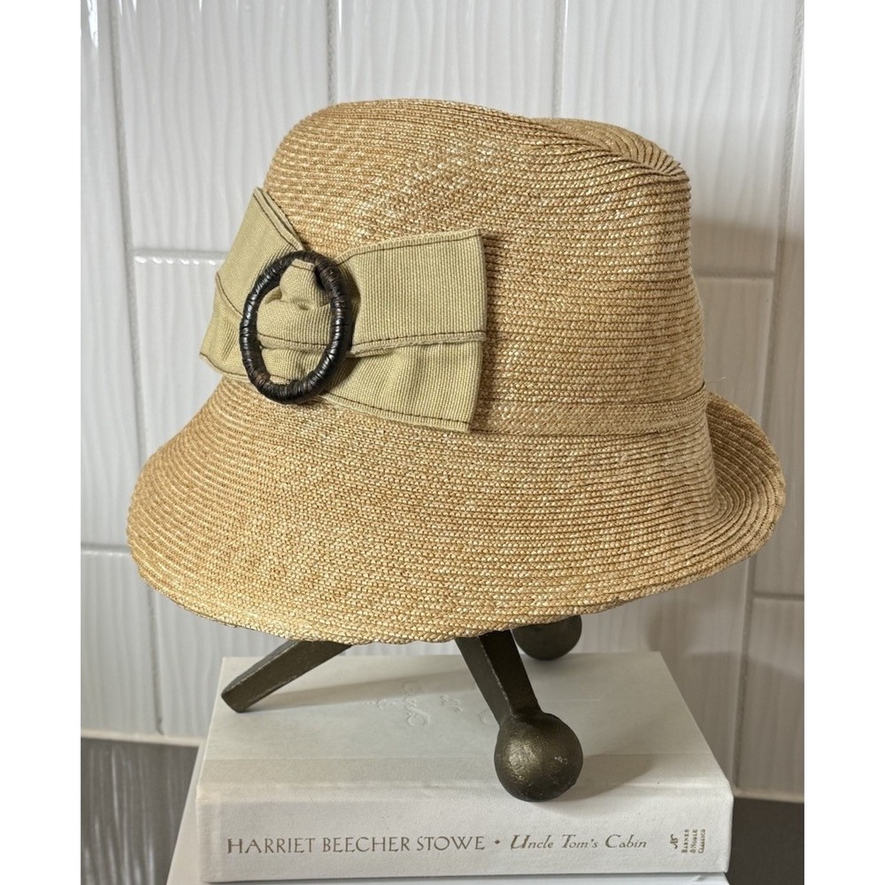 Women's Tarnish Asymmetrical Summer Beach Straw Hat W/ Fabric bow & Buckle EUC